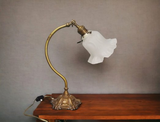 Portuguese Art Nouveau Style Brass Swan Neck Table Lamp with Adjustable Frosted Glass Tulip Shade-SCS-1748754