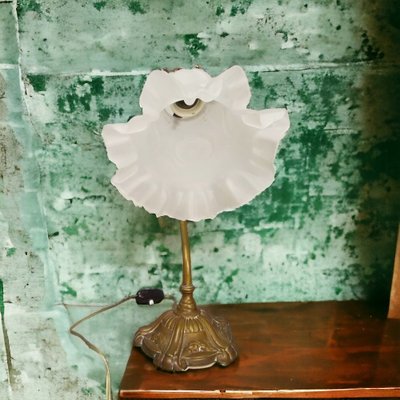 Portuguese Art Nouveau Style Brass Swan Neck Table Lamp with Adjustable Frosted Glass Tulip Shade-SCS-1748754