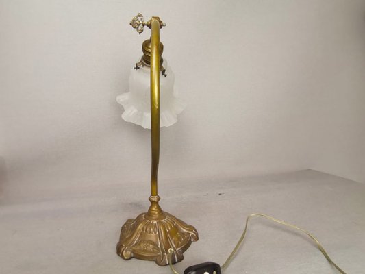 Portuguese Art Nouveau Style Brass Swan Neck Table Lamp with Adjustable Frosted Glass Tulip Shade-SCS-1748754