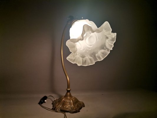 Portuguese Art Nouveau Style Brass Swan Neck Table Lamp with Adjustable Frosted Glass Tulip Shade-SCS-1748754