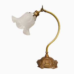 Portuguese Art Nouveau Style Brass Swan Neck Table Lamp with Adjustable Frosted Glass Tulip Shade-SCS-1748754