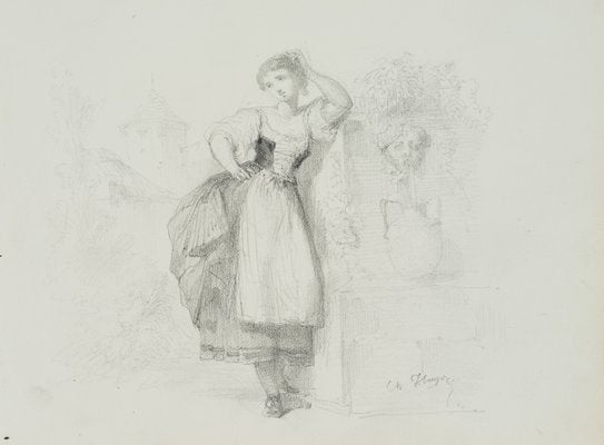 Posing Traditional Costume Girl at the Fountain, 19th-Century, Pencil-OJR-1273442