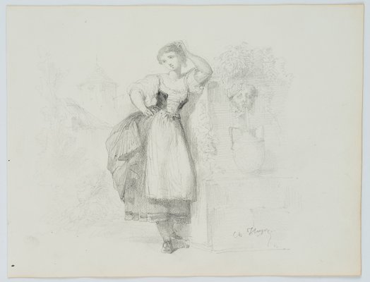 Posing Traditional Costume Girl at the Fountain, 19th-Century, Pencil-OJR-1273442