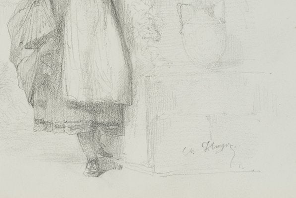 Posing Traditional Costume Girl at the Fountain, 19th-Century, Pencil-OJR-1273442