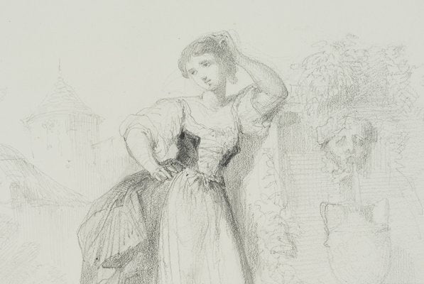 Posing Traditional Costume Girl at the Fountain, 19th-Century, Pencil-OJR-1273442