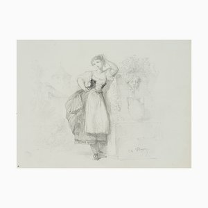 Posing Traditional Costume Girl at the Fountain, 19th-Century, Pencil-OJR-1273442