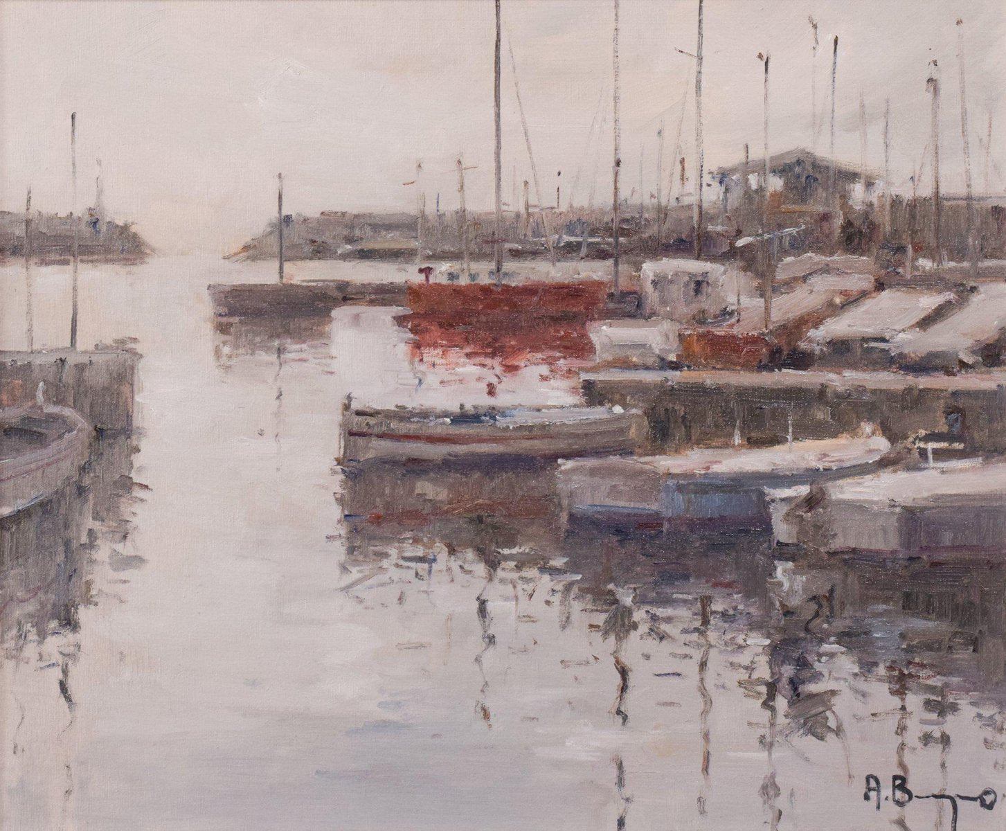 Post Impressionist Harbour with Fishing Boats, Oil on Canvas, Framed