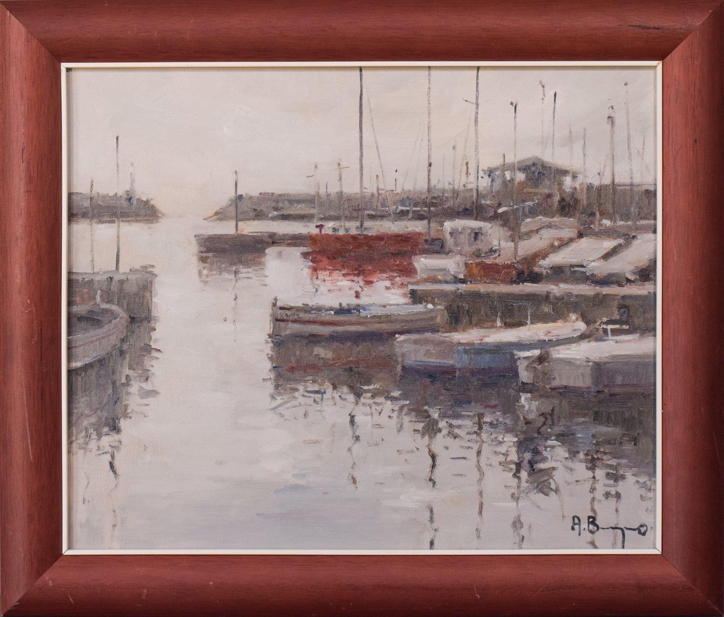 Post Impressionist Harbour with Fishing Boats, Oil on Canvas, Framed