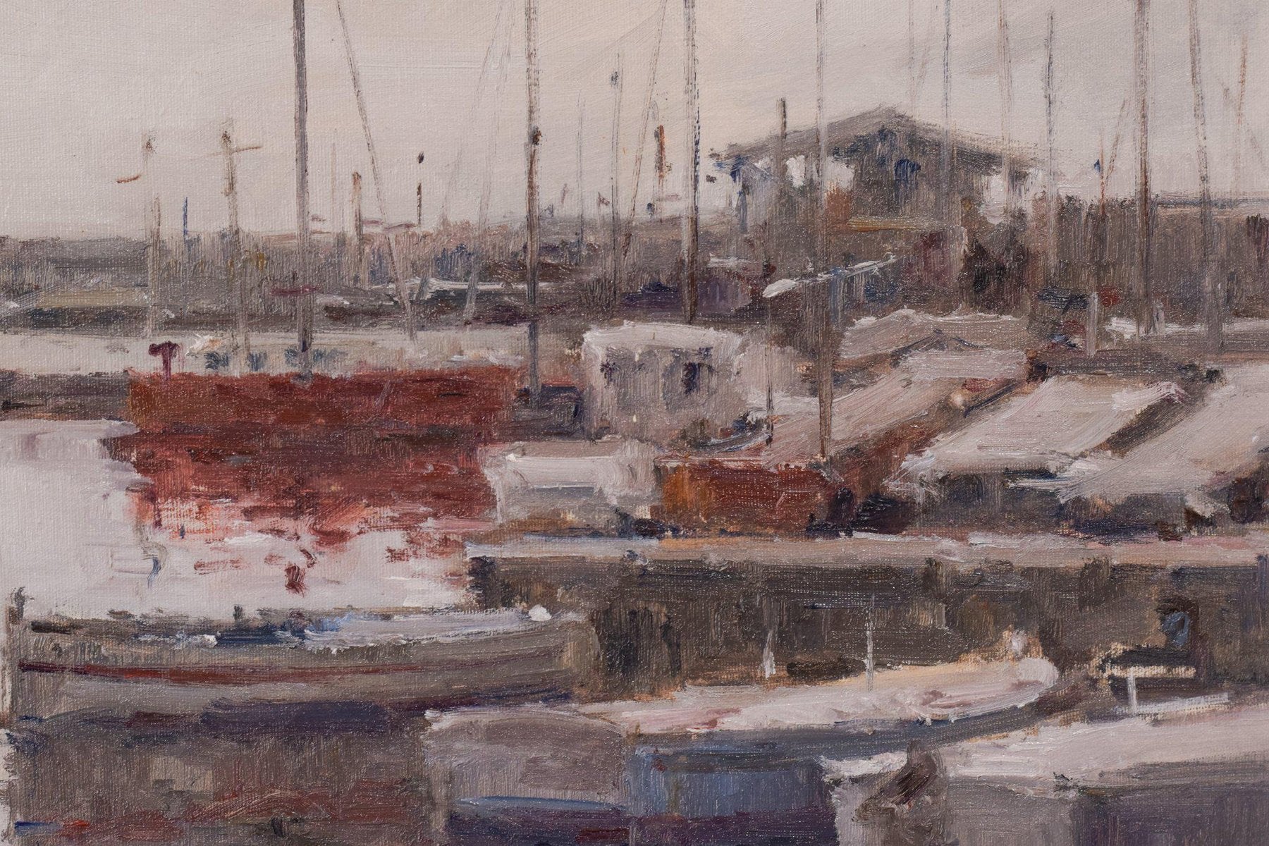 Post Impressionist Harbour with Fishing Boats, Oil on Canvas, Framed