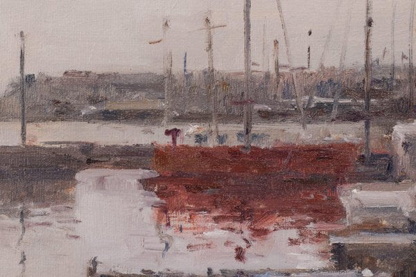 Post Impressionist Harbour with Fishing Boats, Oil on Canvas, Framed-AOI-1106623