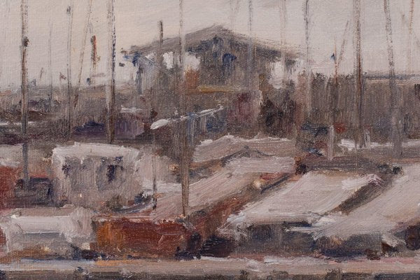 Post Impressionist Harbour with Fishing Boats, Oil on Canvas, Framed