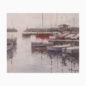 Post Impressionist Harbour with Fishing Boats, Oil on Canvas, Framed-AOI-1106623