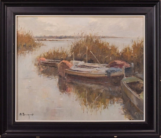 Post Impressionist Lake Scene with Boats, Oil on Canvas, Framed