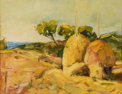 Post Impressionist Landscape with Haystacks, Mid 20th-Century, Oil, Framed-AOI-1106652