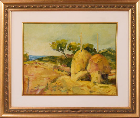 Post Impressionist Landscape with Haystacks, Mid 20th-Century, Oil, Framed