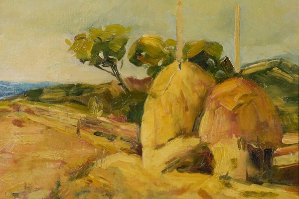 Post Impressionist Landscape with Haystacks, Mid 20th-Century, Oil, Framed-AOI-1106652