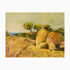 Post Impressionist Landscape with Haystacks, Mid 20th-Century, Oil, Framed-AOI-1106652