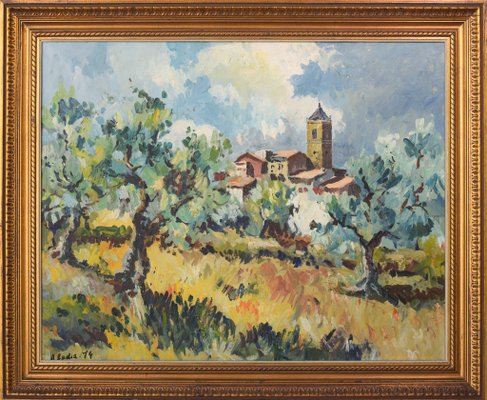 Post Impressionist Landscape with Olive Trees and Village Church, 1974, Oil on Canvas, Framed-AOI-1355700