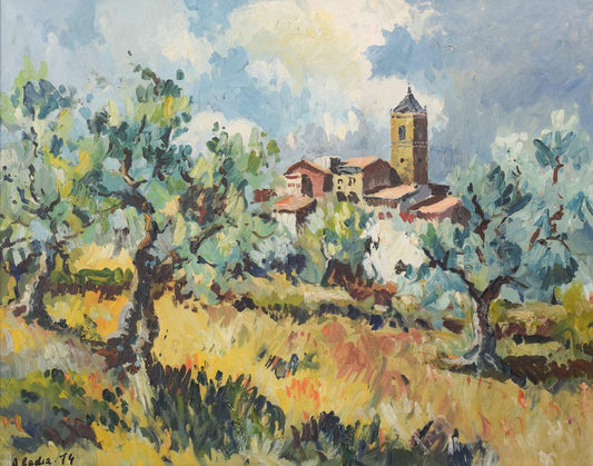 Post Impressionist Landscape with Olive Trees and Village Church, 1974, Oil on Canvas, Framed