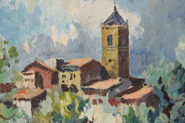 Post Impressionist Landscape with Olive Trees and Village Church, 1974, Oil on Canvas, Framed