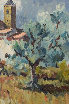 Post Impressionist Landscape with Olive Trees and Village Church, 1974, Oil on Canvas, Framed-AOI-1355700