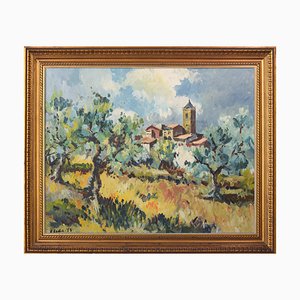 Post Impressionist Landscape with Olive Trees and Village Church, 1974, Oil on Canvas, Framed-AOI-1355700