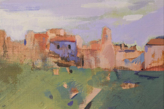 Post Impressionist Landscape with Village, Oil on Canvas, Framed