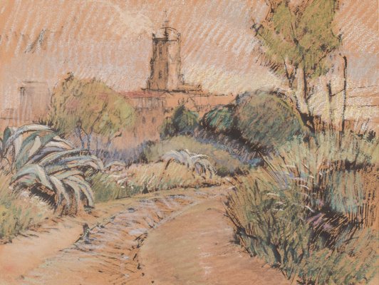 Post Impressionist Sketch of a Church in a Landscape, 20th-Century, Pastel Crayon and Pencil on Paper, Framed-AOI-1106763