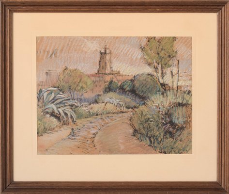 Post Impressionist Sketch of a Church in a Landscape, 20th-Century, Pastel Crayon and Pencil on Paper, Framed-AOI-1106763