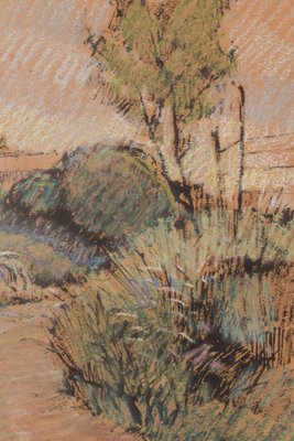 Post Impressionist Sketch of a Church in a Landscape, 20th-Century, Pastel Crayon and Pencil on Paper, Framed-AOI-1106763