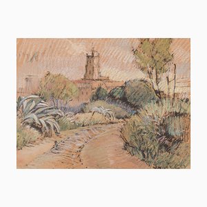 Post Impressionist Sketch of a Church in a Landscape, 20th-Century, Pastel Crayon and Pencil on Paper, Framed-AOI-1106763