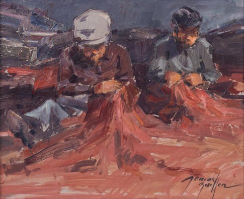 Post Impressionist Study, Fishermen Repairing Nets, 20th-Century, Oil on Board, Framed-AOI-1196870