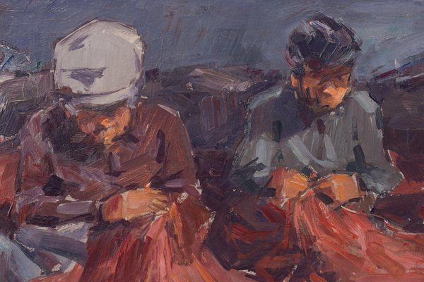 Post Impressionist Study, Fishermen Repairing Nets, 20th-Century, Oil on Board, Framed-AOI-1196870