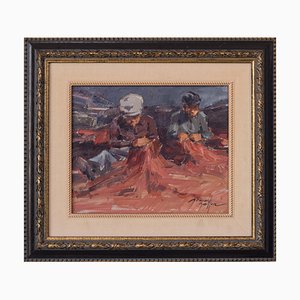 Post Impressionist Study, Fishermen Repairing Nets, 20th-Century, Oil on Board, Framed-AOI-1196870