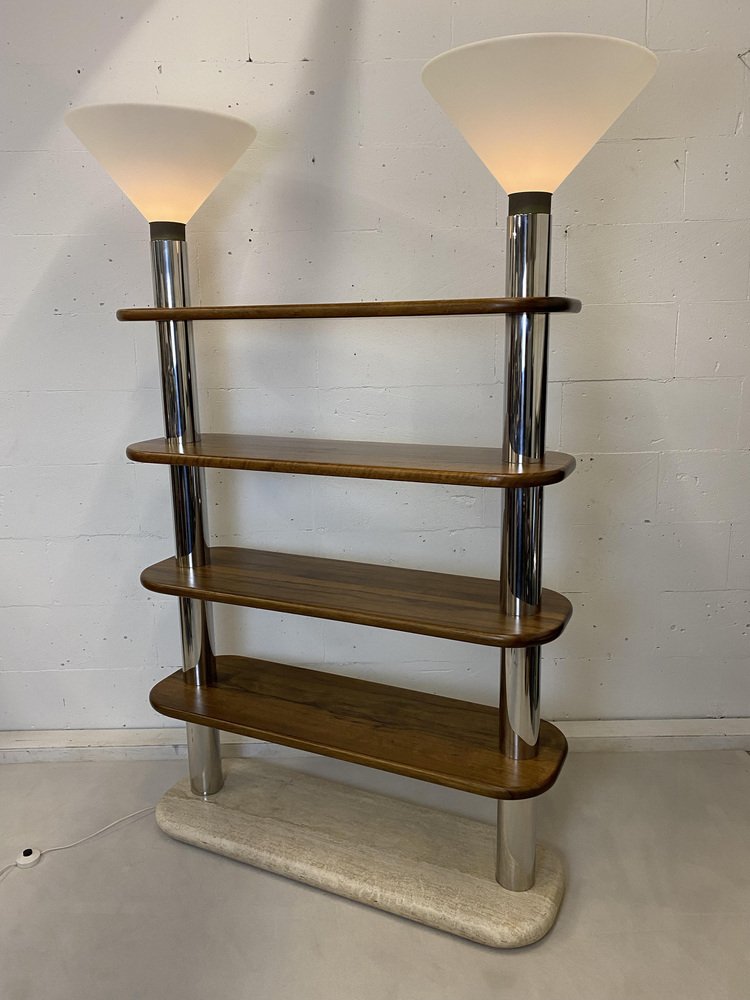 Post Modern Italian Travertine, Wood and Polished Stainless Steel Bookcase