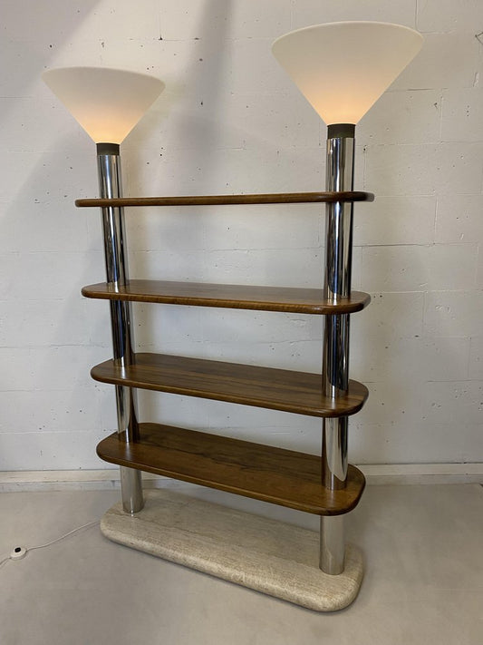 Post Modern Italian Travertine, Wood and Polished Stainless Steel Bookcase