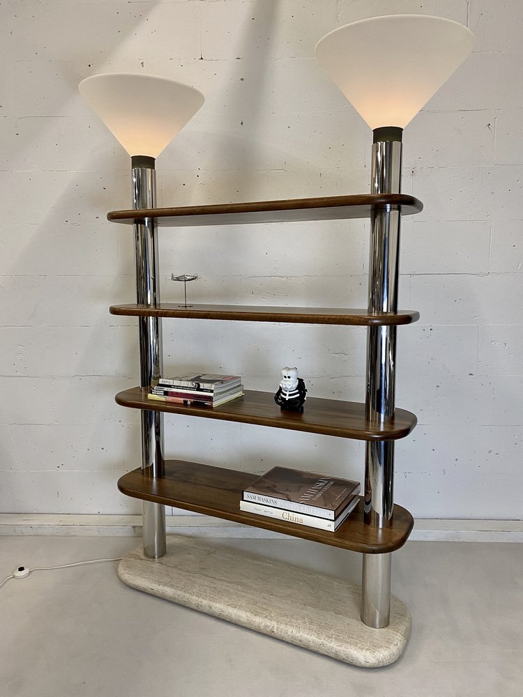 Post Modern Italian Travertine, Wood and Polished Stainless Steel Bookcase