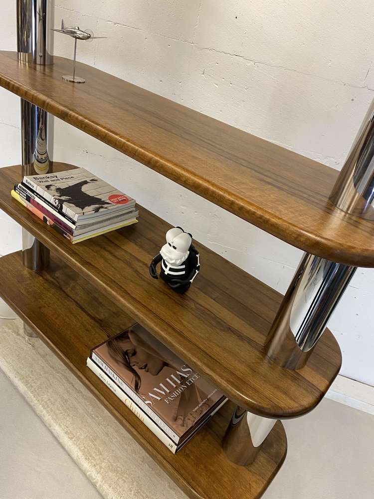 Post Modern Italian Travertine, Wood and Polished Stainless Steel Bookcase