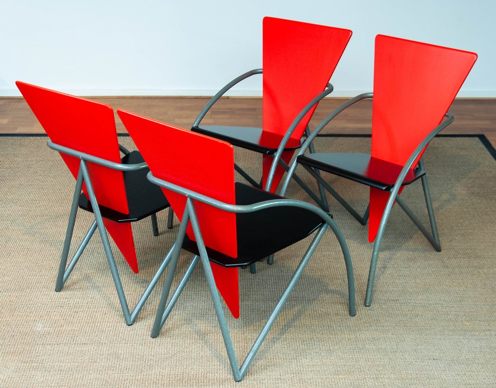 Post Modern Red and Black Dining Chairs by Klaus Wettergren, 1980s, Set of 4