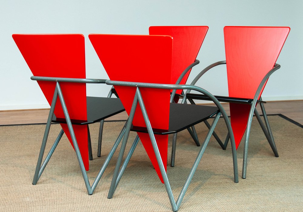 Post Modern Red and Black Dining Chairs by Klaus Wettergren, 1980s, Set of 4