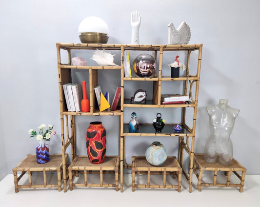 Postmodern Bamboo Bookcase with Smoked Glass Shelves attributed to Vivai Del Sud, Italy, 1970s