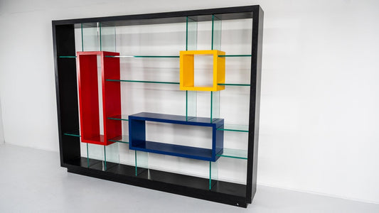 Postmodern Bookcase in Thick Glass and Lacquered Wood by Carlo Montini