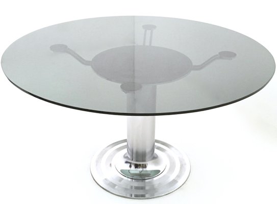 Postmodern Chromed Metal Dining Table with Round Tempered Glass Top, Italy, 1970s-JPQ-2035644