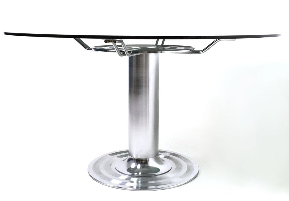 Postmodern Chromed Metal Dining Table with Round Tempered Glass Top, Italy, 1970s