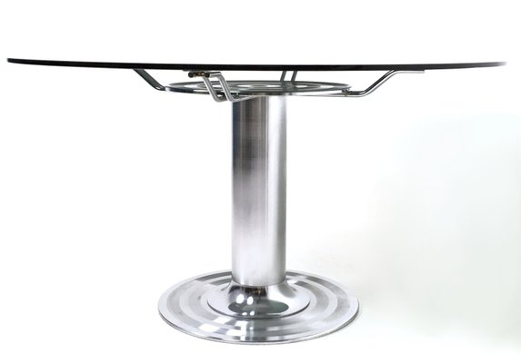 Postmodern Chromed Metal Dining Table with Round Tempered Glass Top, Italy, 1970s-JPQ-2035644