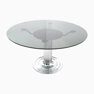 Postmodern Chromed Metal Dining Table with Round Tempered Glass Top, Italy, 1970s-JPQ-2035644