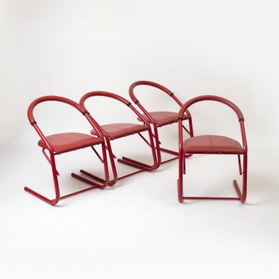 Postmodern Dining Chairs in Red Lacquered Metal and Leatherette, Italy, 1980s, Set of 4-IVW-2036195