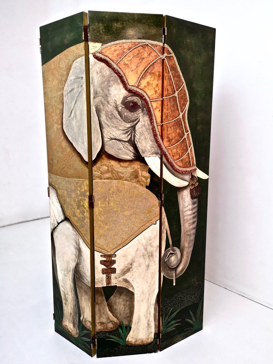 Postmodern Five-Panel Room Divider by Doro with Two Asiatic Elephants, Italy, 1980s