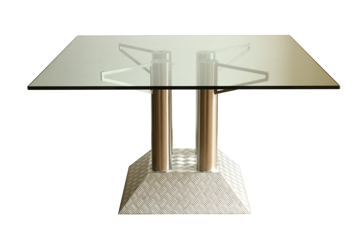 Postmodern Industrial Stainless Steel Tube and Diamond Chequer Pattern Table with a Glass Top, 1990s