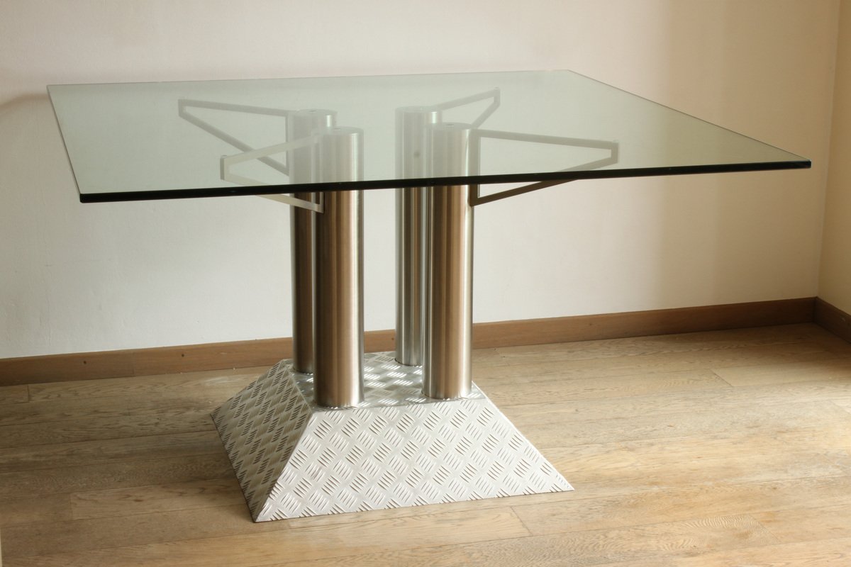 Postmodern Industrial Stainless Steel Tube and Diamond Chequer Pattern Table with a Glass Top, 1990s